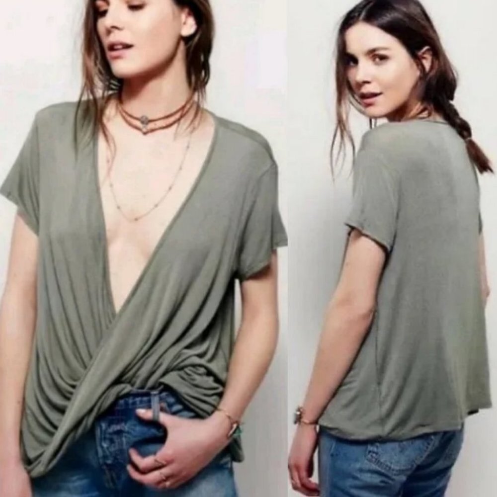 Free People Green Hoffman Slouchy Short Sleeve Tee Size‎ XS T-Shirt Army Green